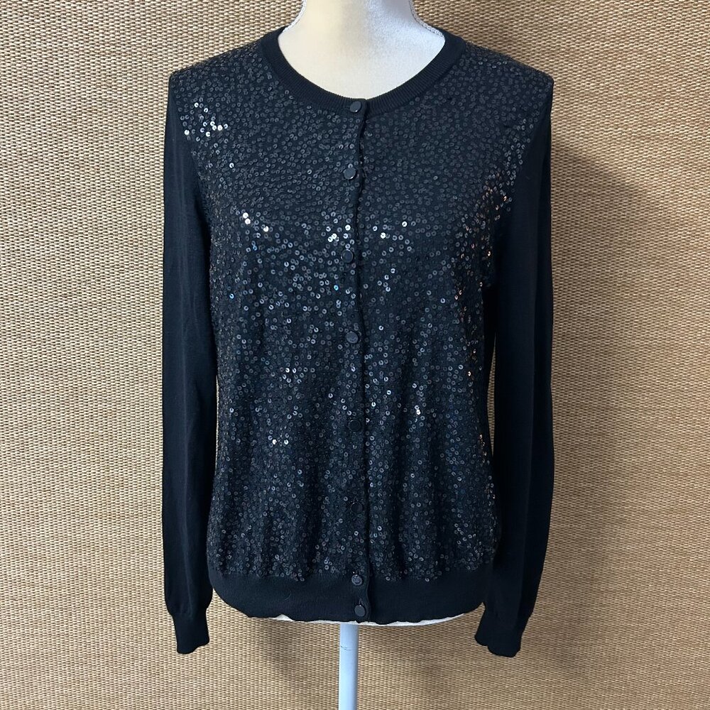 Talbots Cardigan Sweater Womens Medium Black Silk Blend Sequins
